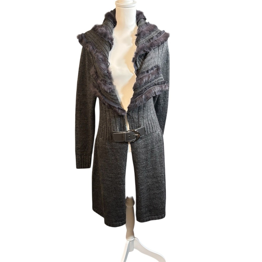 Cecico Charcoal Gray Long Knit Cardigan with Faux Fur Trim